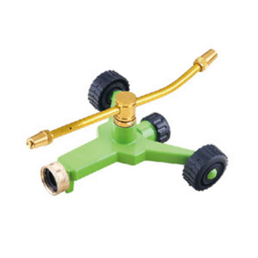 2 arm brass rotary sprinkler and zinc alloy base with wheel