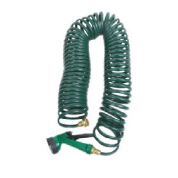 15m Coiled hose with brass connector and 5 pattern spray nozzle